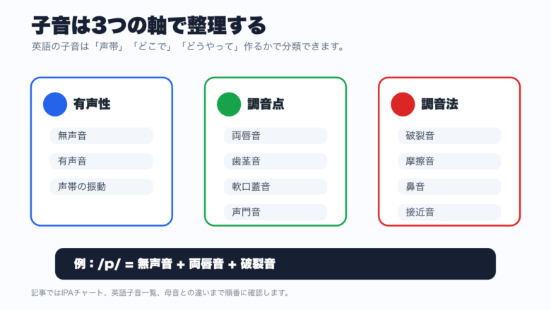 英語の子音を有声性、調音点、調音法の3つの軸で整理した概念図