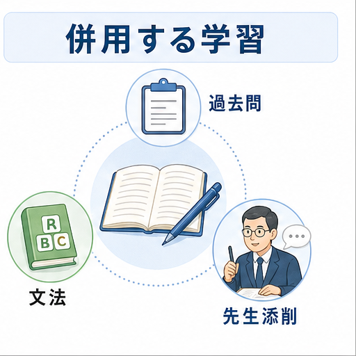 UGUIS.AIと過去問、文法、先生添削を併用する学習の図解