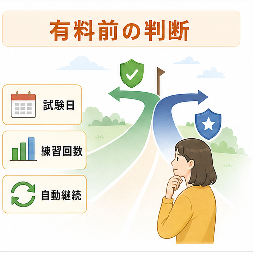 UGUIS.AIの有料前に試験日、練習回数、自動継続を確認する判断図