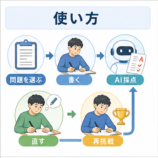 UGUIS.AIで問題を選び英作文を書きAI採点後に直して再挑戦する使い方の図解