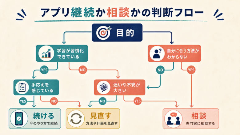 アプリ継続か相談かの判断フロー
