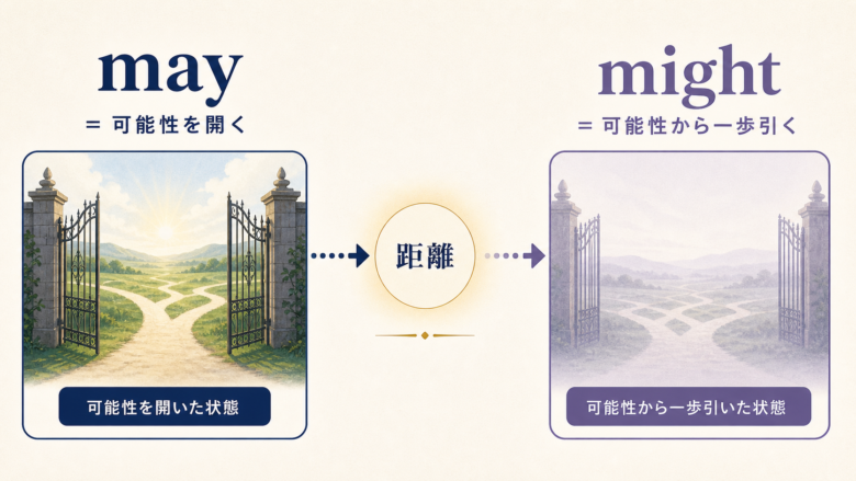 mayが開く可能性にmightが距離を置くことを示した図