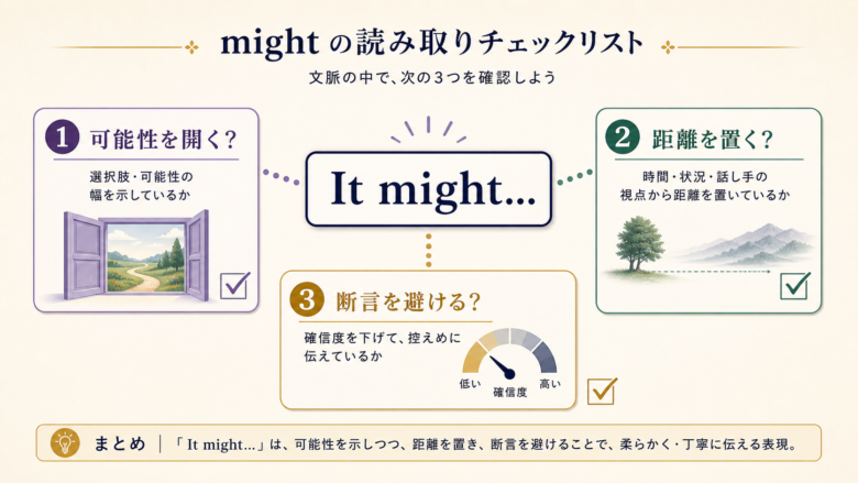 mightを可能性、距離、断言回避の3点で読み取るチェックリスト
