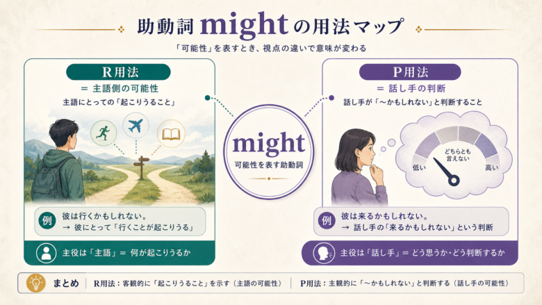 mightのR用法とP用法を距離の向かう先で整理した図