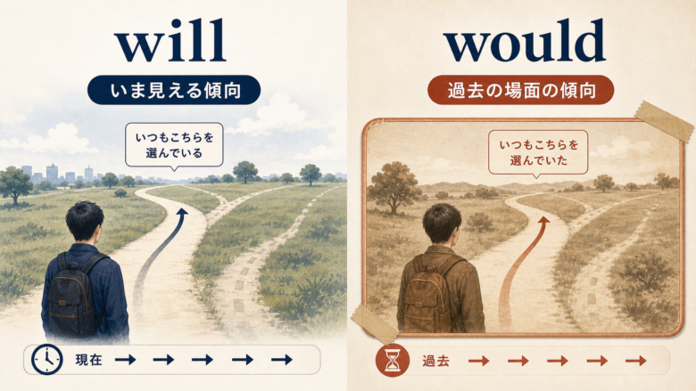willの傾向とwouldの過去習慣の関係を比較した図解