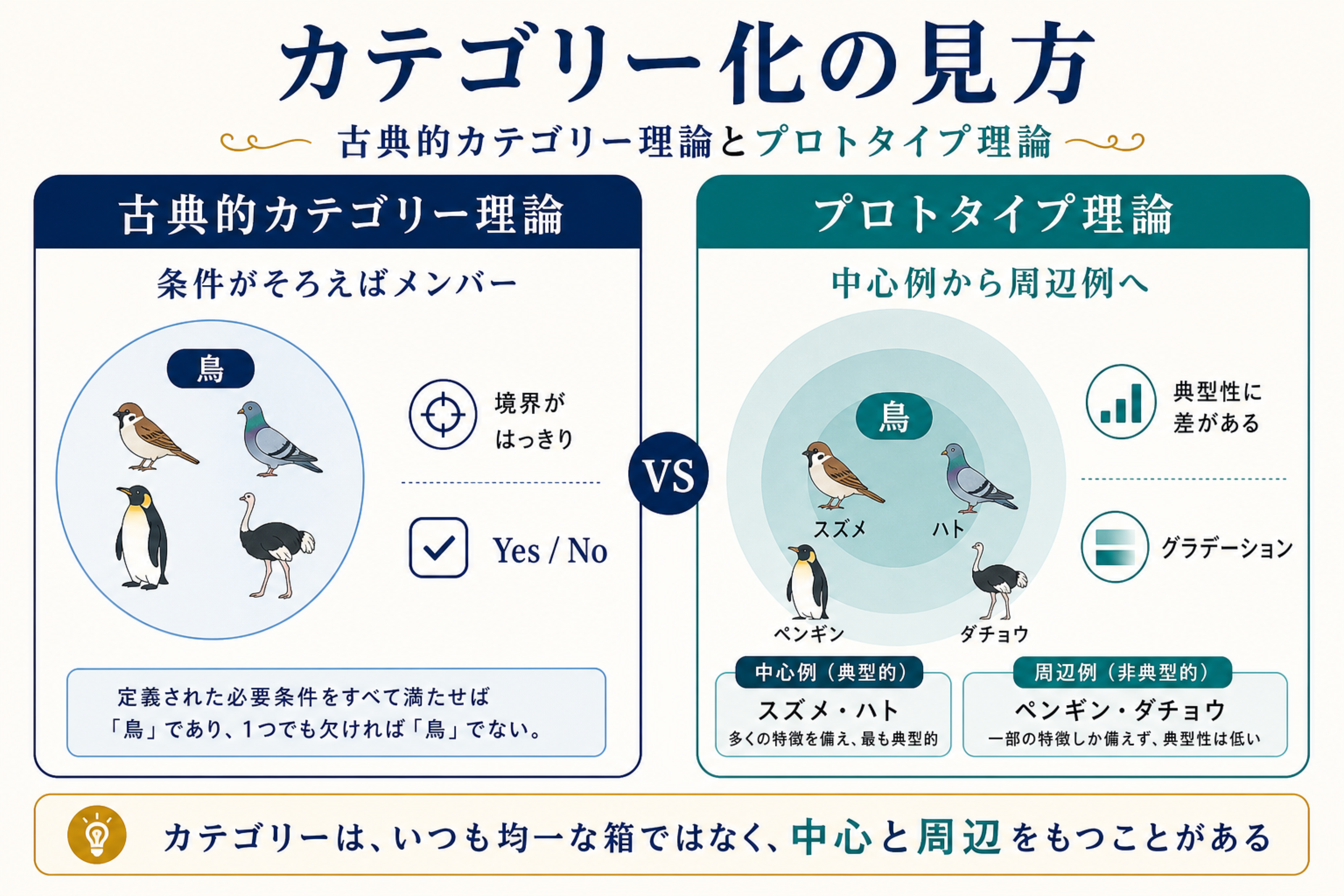古典的カテゴリー理論とプロトタイプ理論の違いを境界線、中心例、メンバーの揺らぎで比較した図