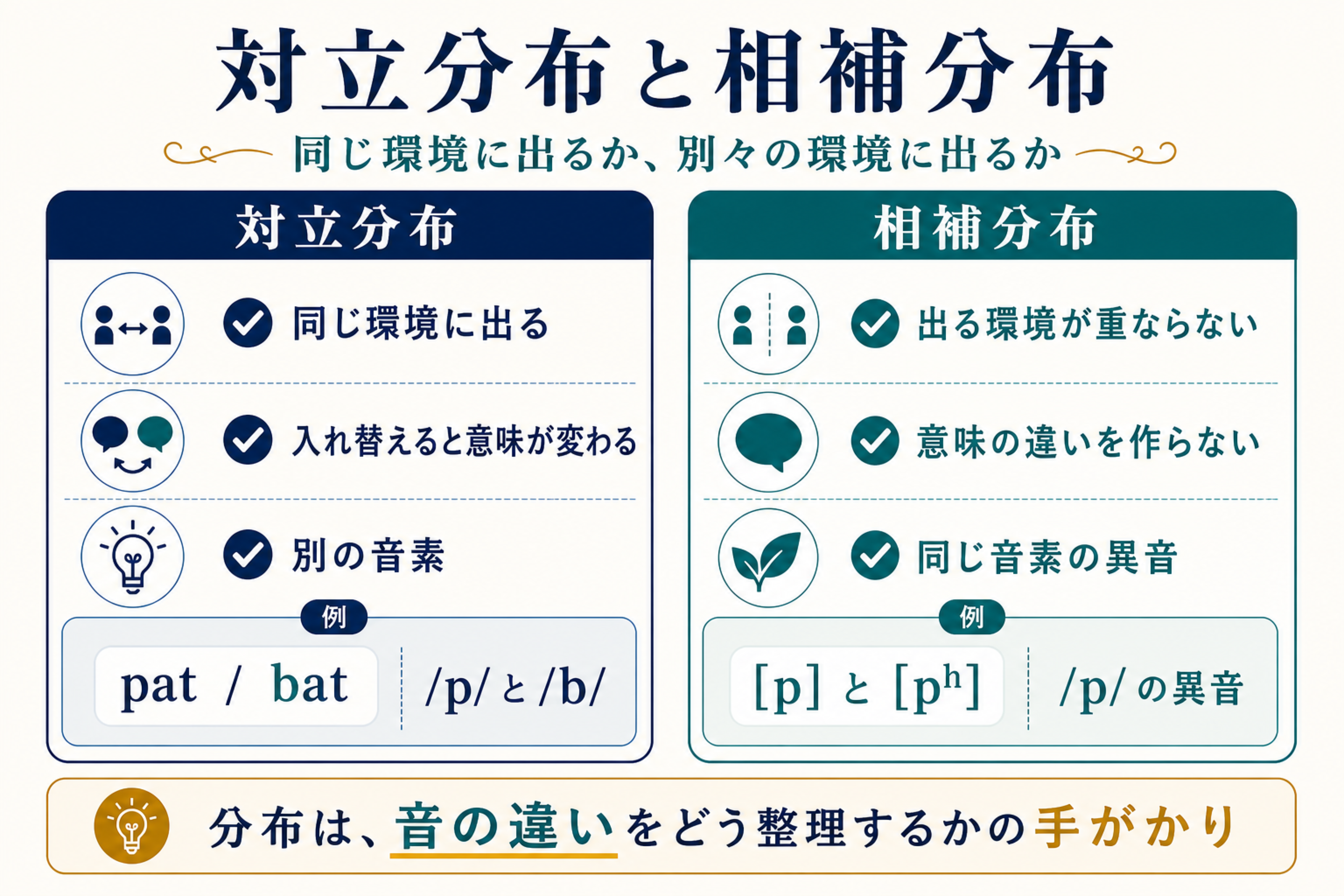 対立分布と相補分布の違いから音素と異音を見分ける図解
