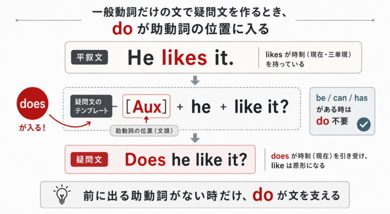 一般動詞だけの文で疑問文を作るときdoが助動詞の位置に入る図