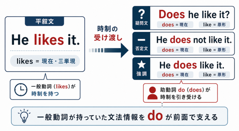 平叙文では一般動詞が時制を持ち、疑問文・否定文・強調ではdoが時制を引き受ける図