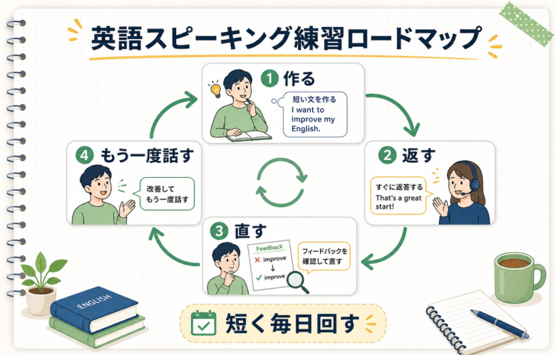 英語スピーキング練習を作る、返す、直すの3段階で回すロードマップ図
