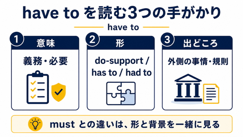 have toを意味、形、出どころの3点から読む手がかりを示した図