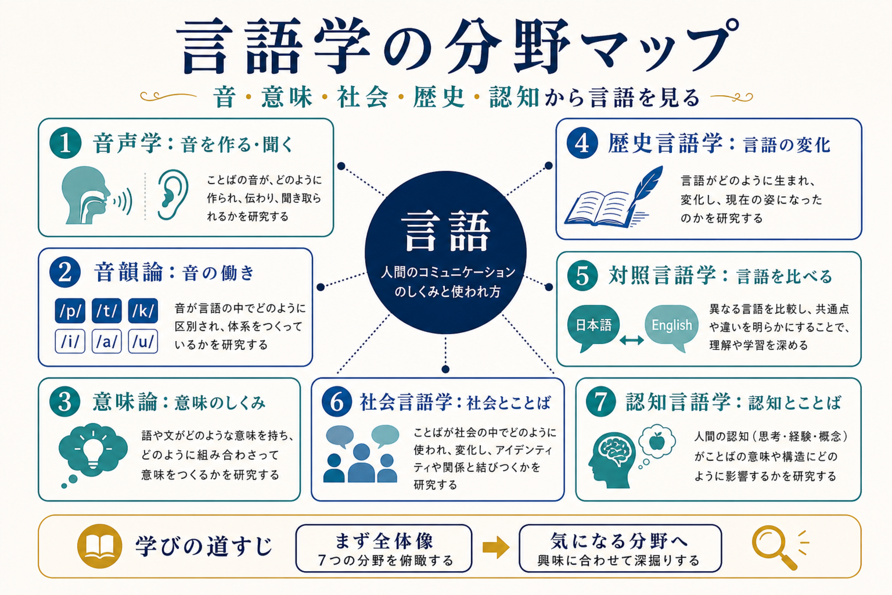 言語学の種類と分野を音声学、音韻論、意味論、歴史言語学、対照言語学、社会言語学、認知言語学に分けて整理した図