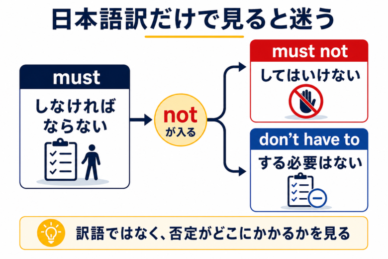 must notとdon’t have toで日本語訳だけを見ると迷いやすいことを示す図