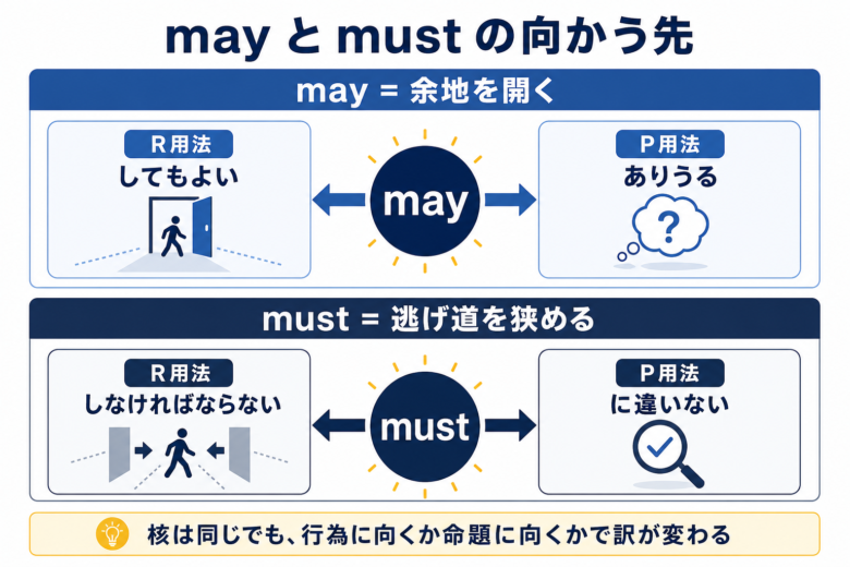 mayとmustの共通核がR用法とP用法に分かれる比較図