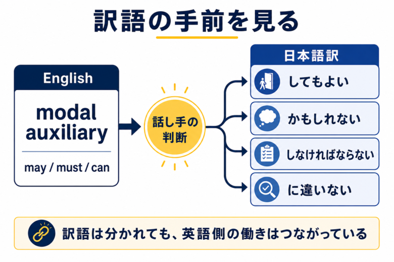 英語の助動詞が日本語訳では複数表現へ分岐して見えることを示した図