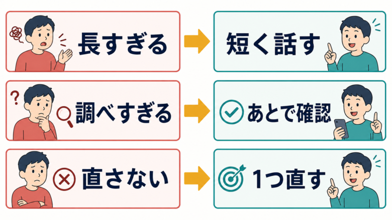 独り言英会話で初心者が失敗しやすい長く話しすぎる、調べすぎる、直さないの図解