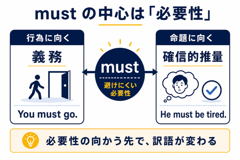mustの必要性が義務と確信的推量に分かれることを示した図