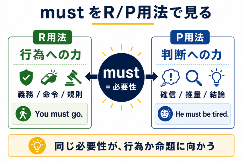 mustのR用法とP用法を必要性の向かう先で整理した図