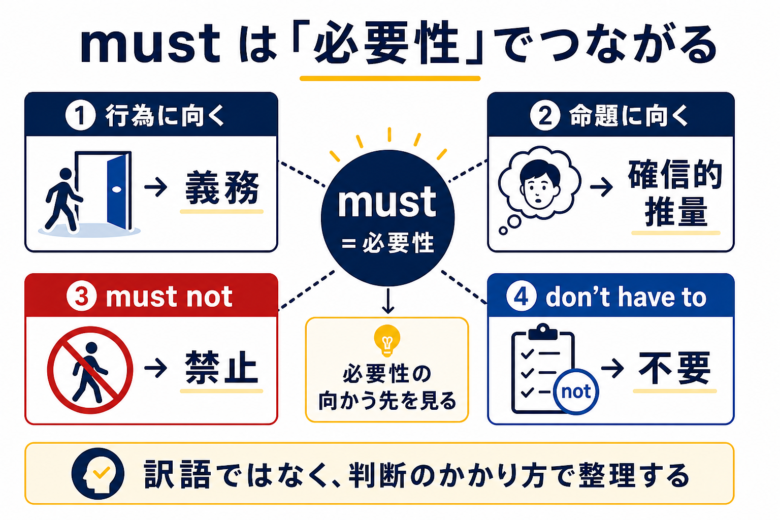 mustの義務、確信的推量、禁止、不要を必要性で整理したまとめ図
