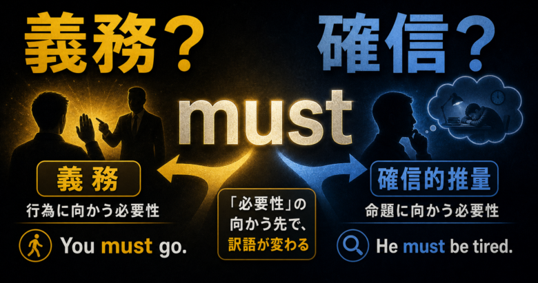 must が義務と確信的推量に分かれることを必要性の軸で示すサムネイル