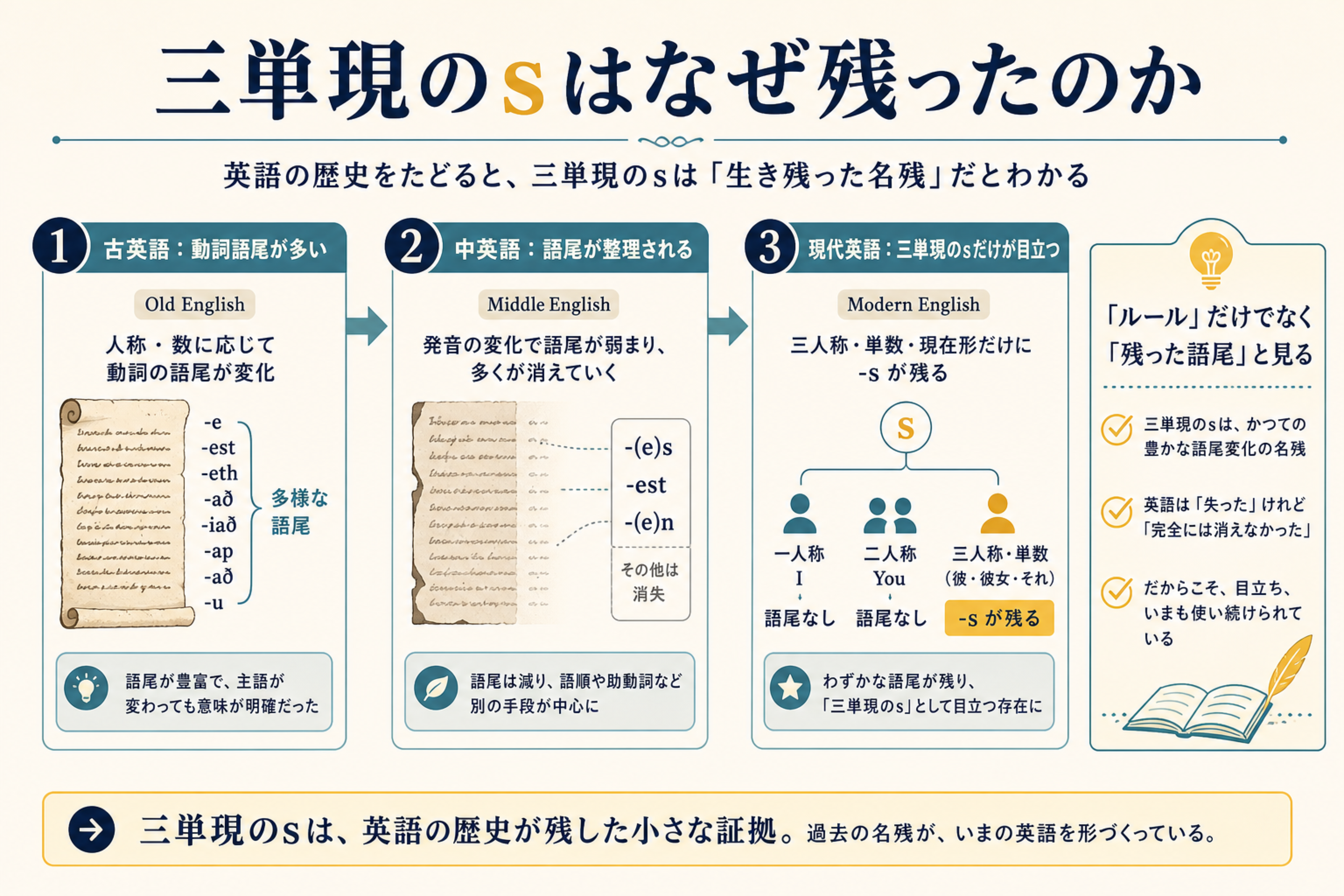 三単現のsが古英語の屈折語尾から現代英語に残った流れを示す図解