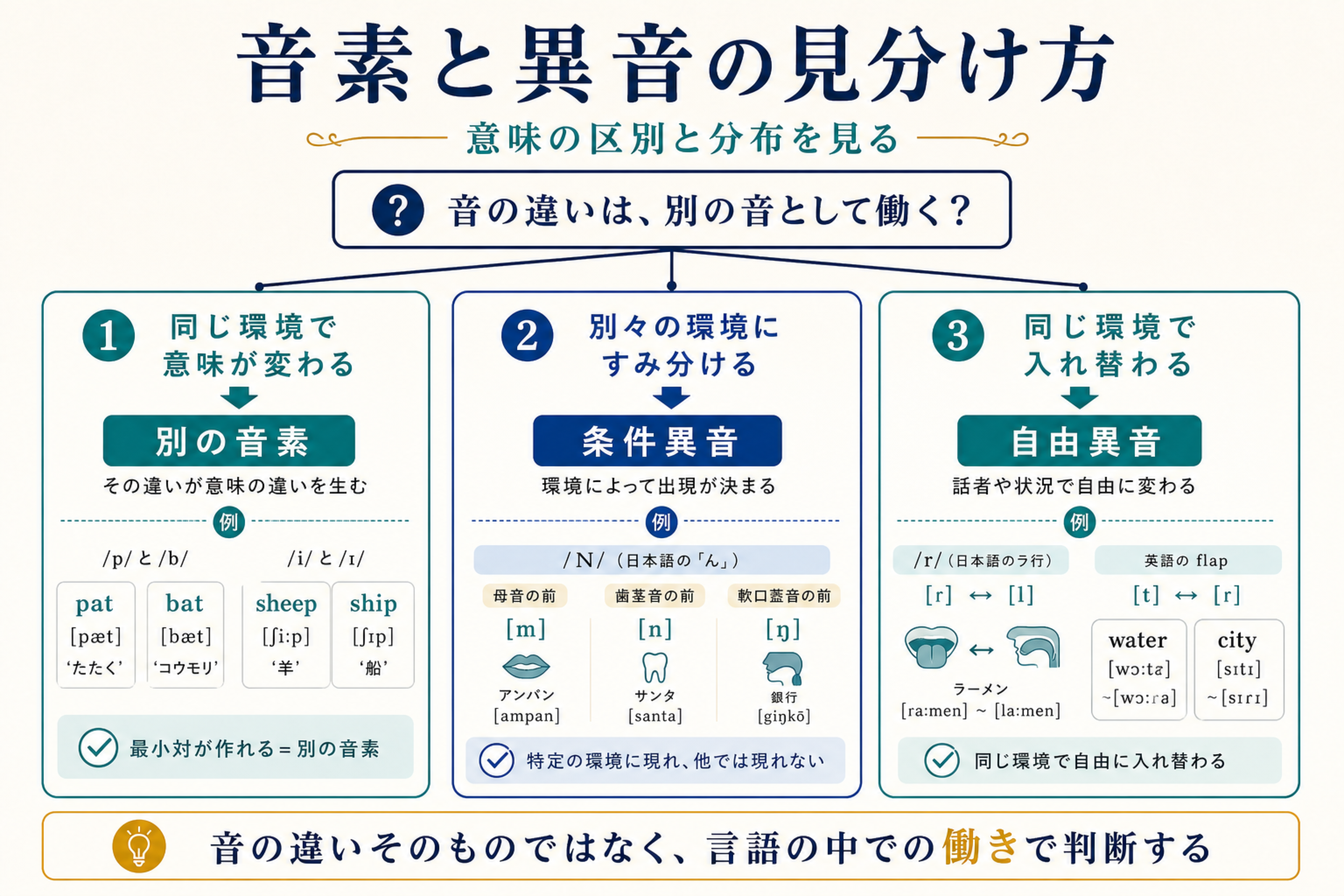 音素と異音を対立分布・相補分布・自由変異の関係で整理した図解