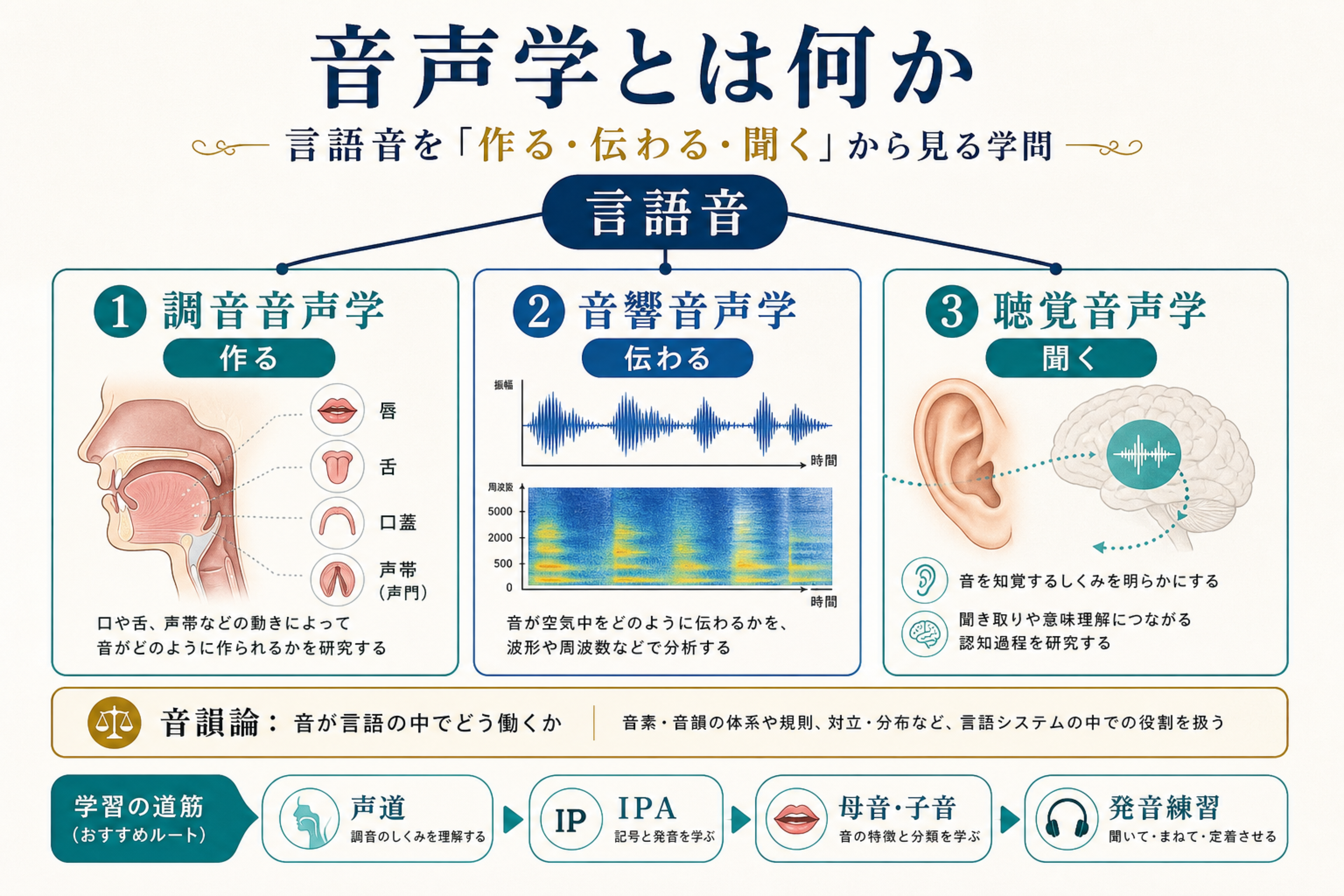 音声学とは言語音の作り方、伝わり方、聞き取り方を扱う分野であることを示す図