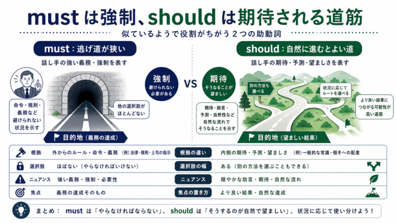 mustの強制とshouldの期待される筋道を比較する図