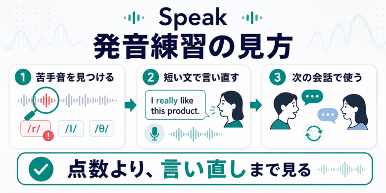 Speakの発音練習で苦手音を見つけて短文で言い直す流れ