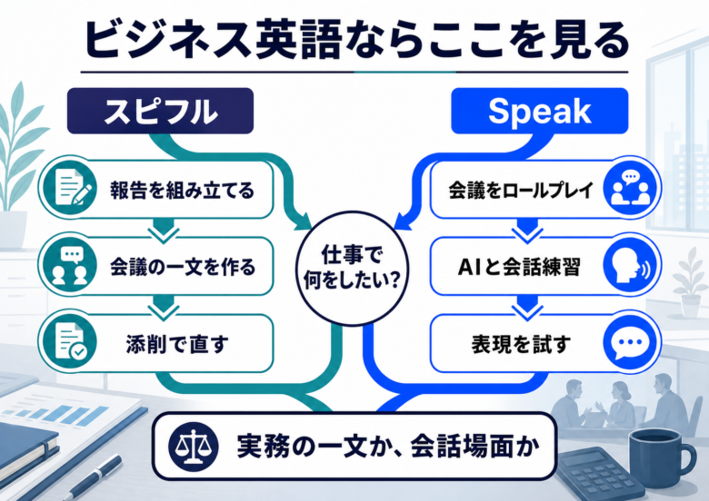 ビジネス英語目的でスピフルとSpeakを選ぶためのマップ