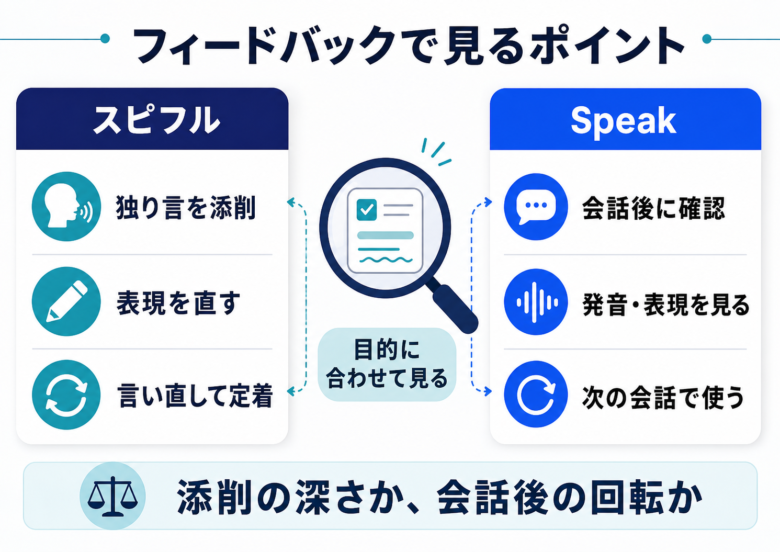 スピフルの添削とSpeakの会話フィードバックの違いを比較する図解