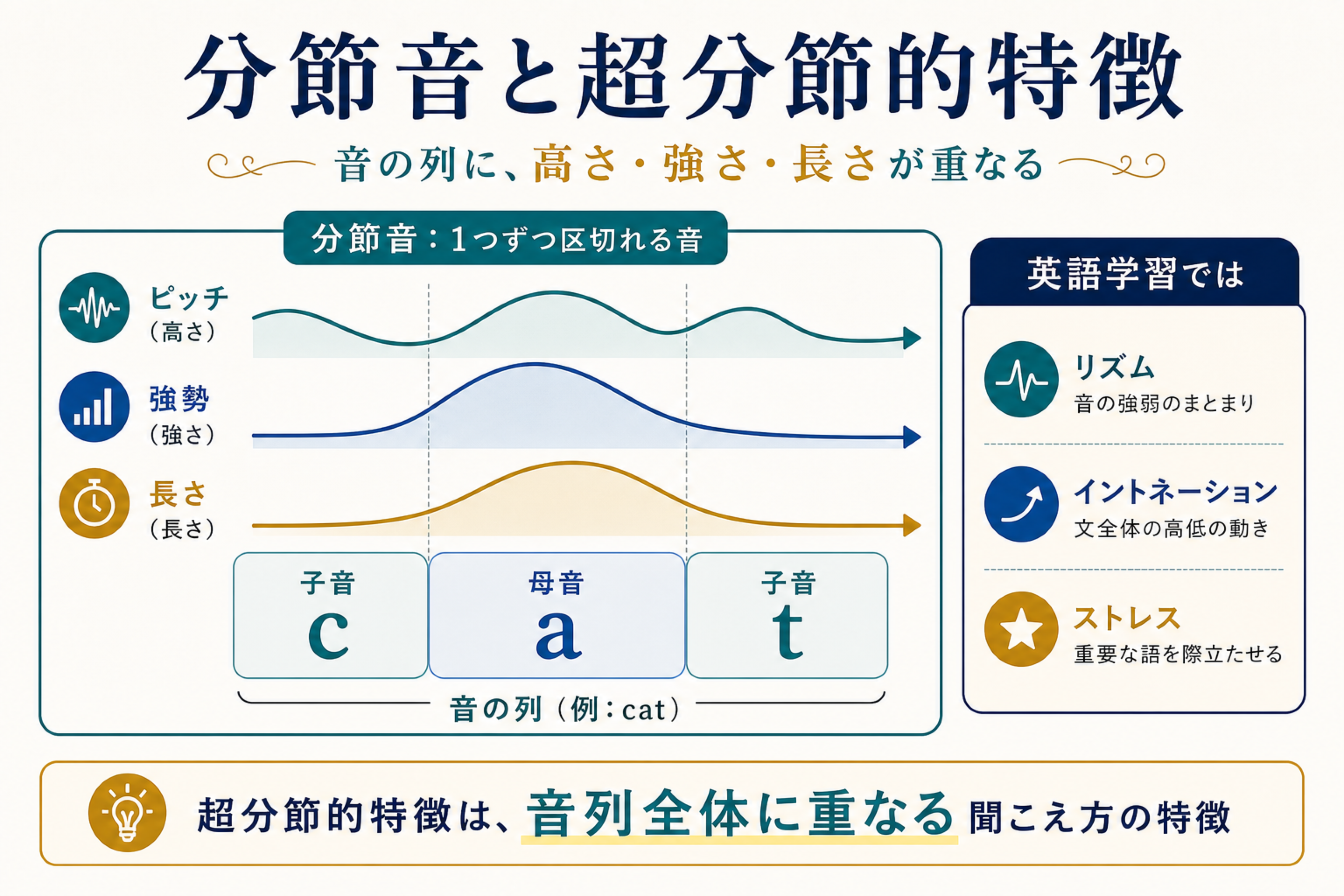 分節音と超分節的特徴の違いを音の列とピッチ強勢長さで示した図解