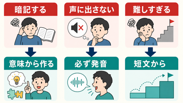 瞬間英作文で効果が出ない原因を暗記、黙読、難しすぎる文に分けて示す図解