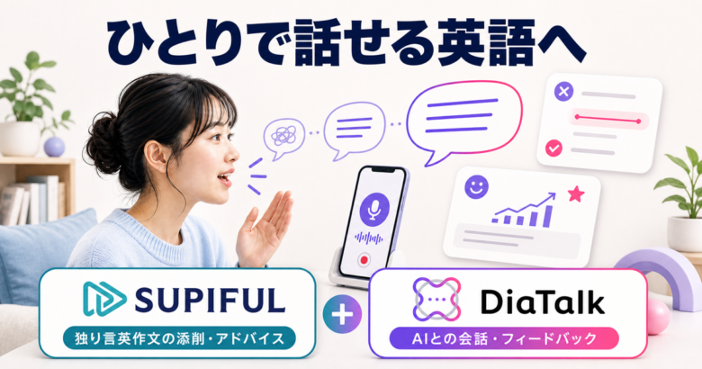 独り言英会話とは何かをスピフルとDiaTalkのブランド要素入りで示すサムネイル