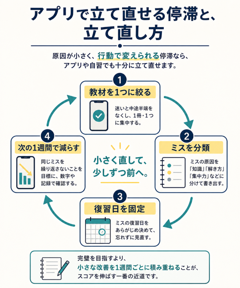 教材を絞りミス分類と復習日固定でTOEICアプリ学習を立て直す図解