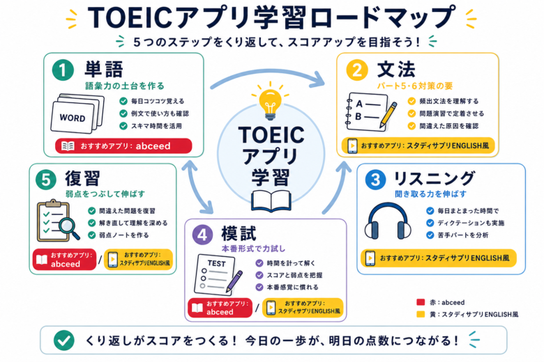 TOEICアプリ学習を単語・文法・リスニング・模試・復習に分けるロードマップ