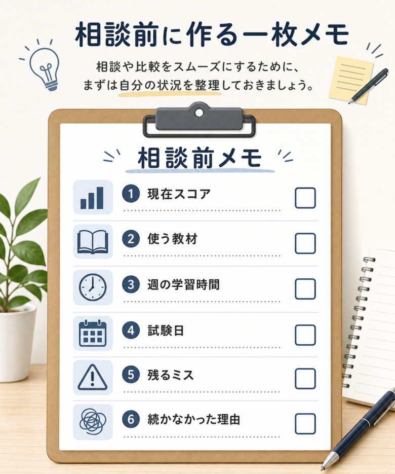 TOEIC学習相談前に現在スコア、教材、学習時間、試験日を整理するメモ図解