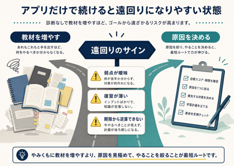 TOEICアプリだけで続けると遠回りになりやすいサインを示す図解