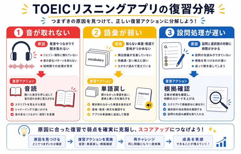 TOEICリスニングアプリで音声知覚と意味理解を分けて復習する図