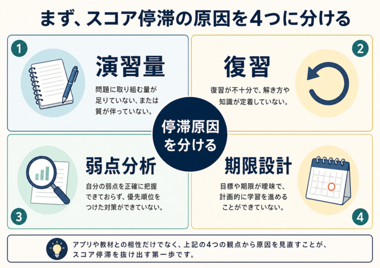 TOEICスコア停滞を演習量、復習、弱点分析、期限設計に分ける図解