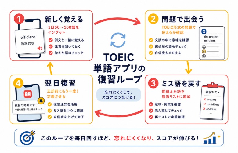 TOEIC単語アプリで覚える語と復習する語を分ける学習ループ