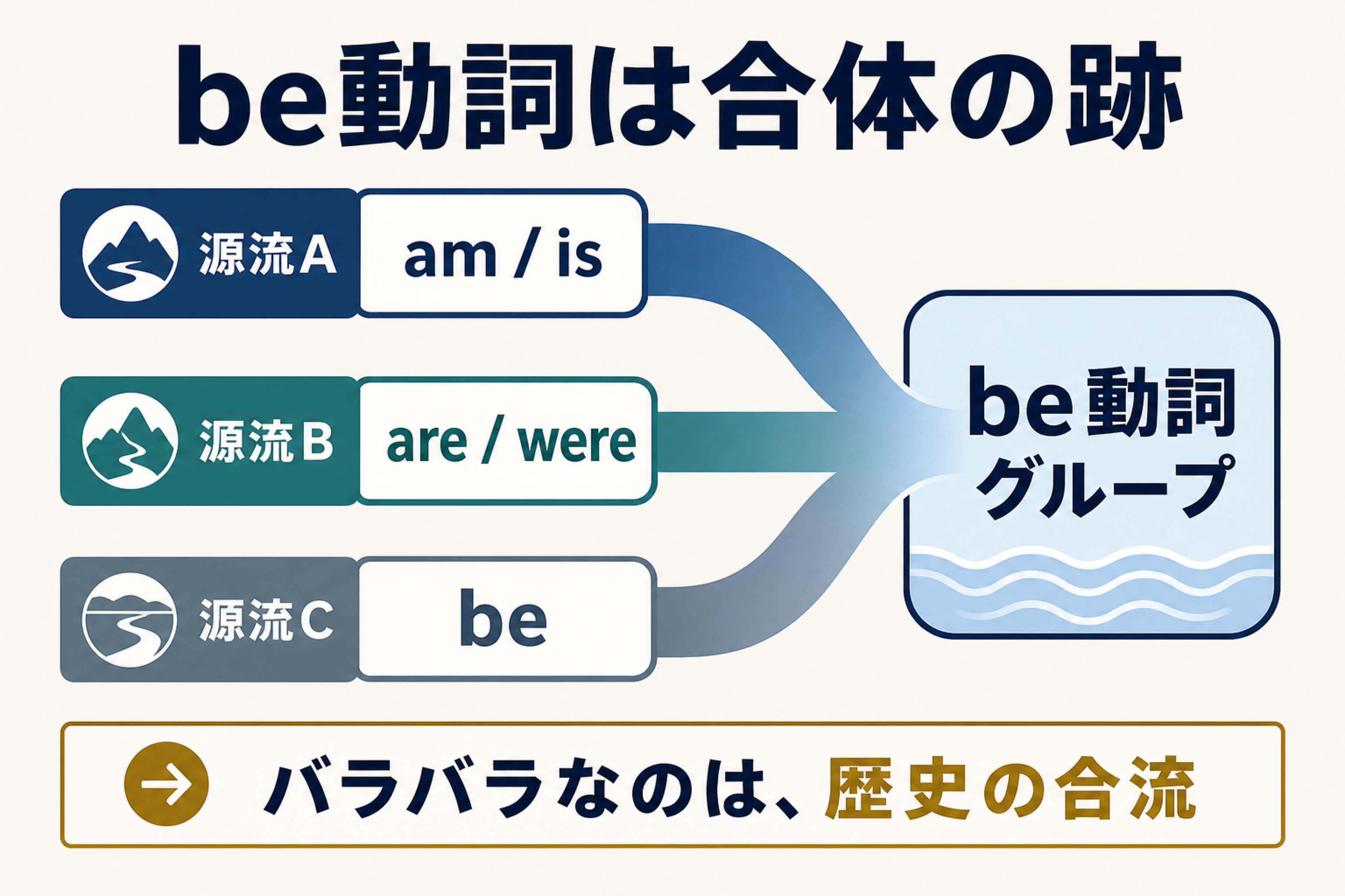 be動詞と補充法の理解を助ける本文図解。am/is/are/was/were が別語源から一つの体系に合流したことを示す
