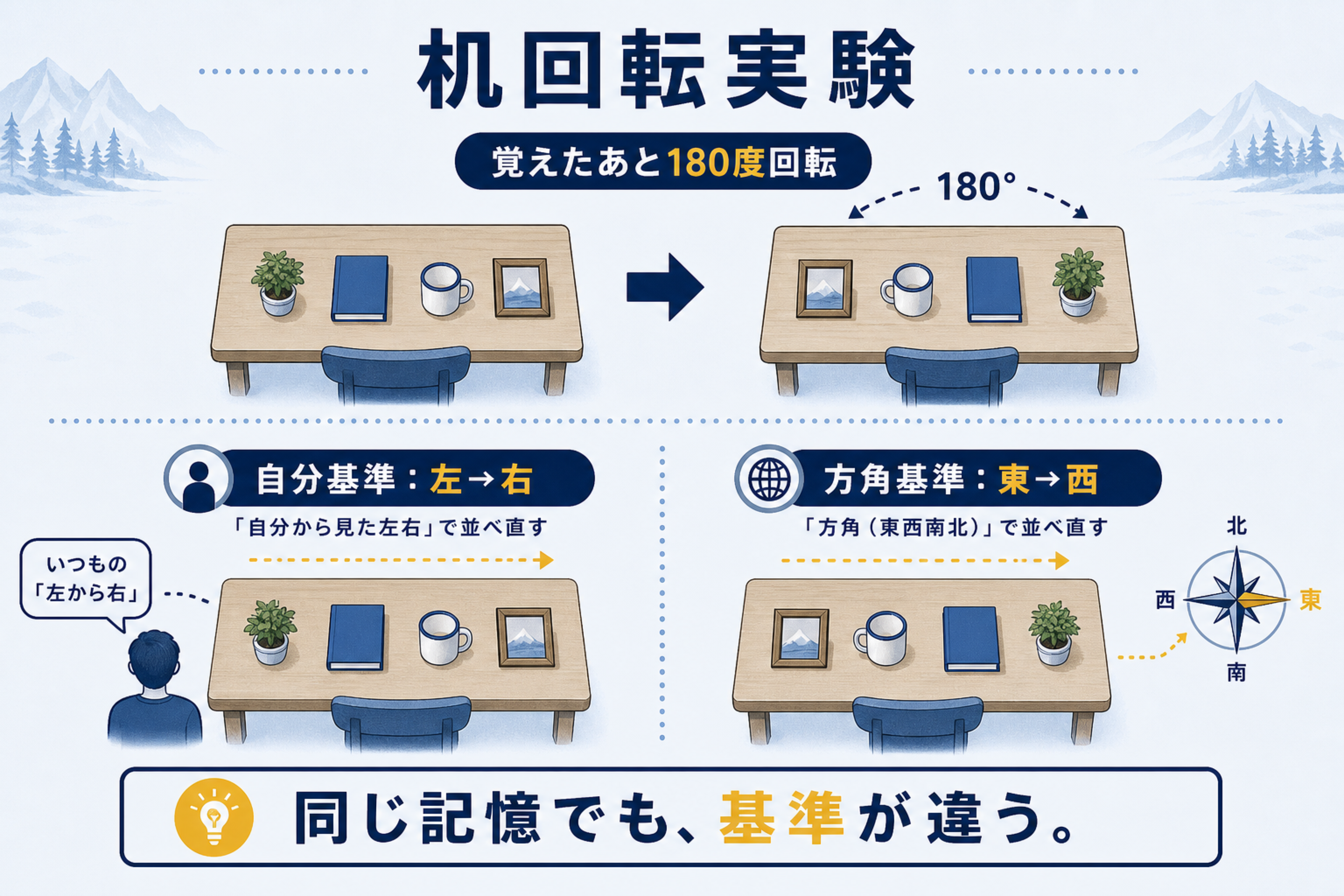 右・左ではなく東西南北で話す言語の本文図解。机回転実験の対比を説明する画像