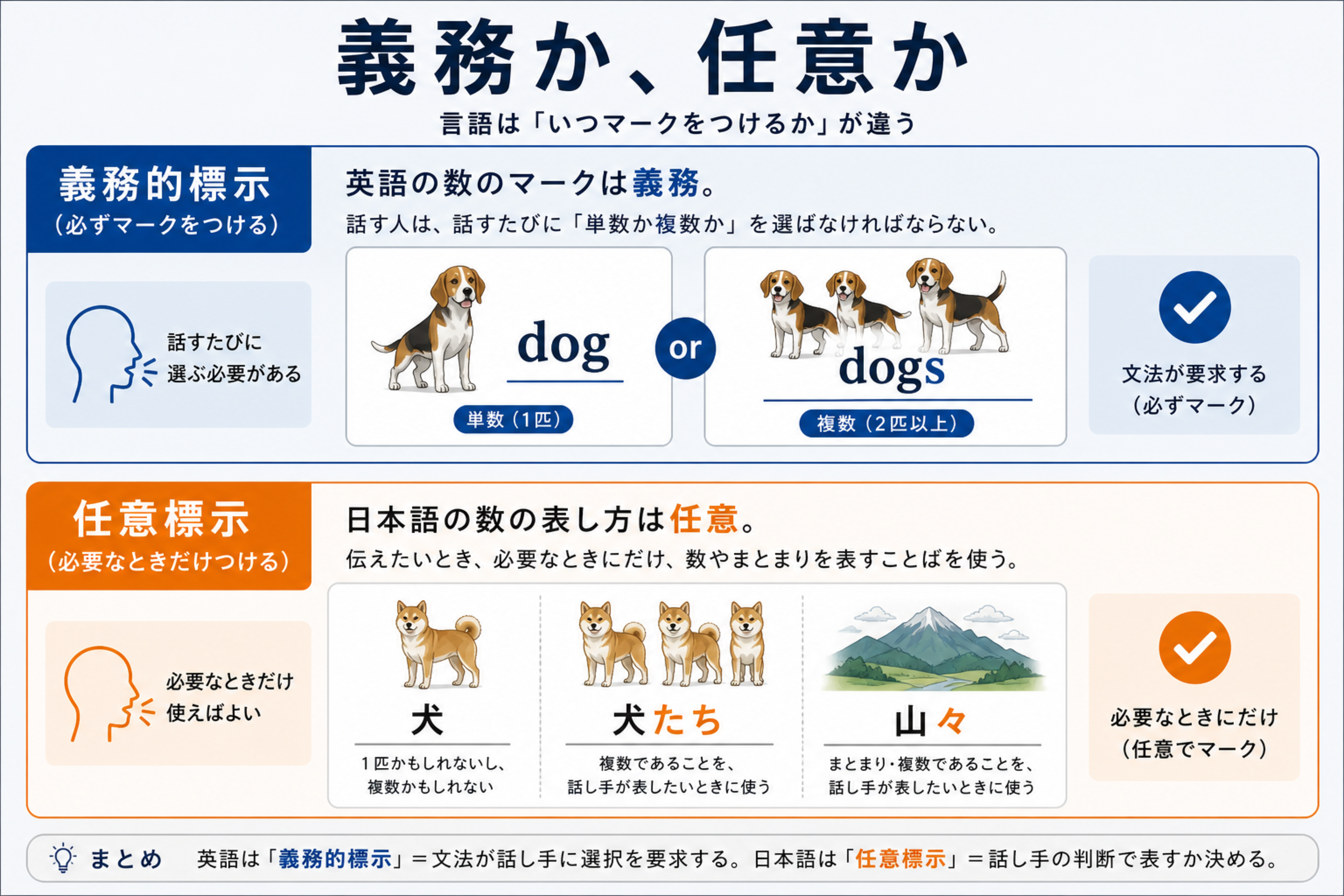 義務的標示の英語と任意標示の日本語を対比する図