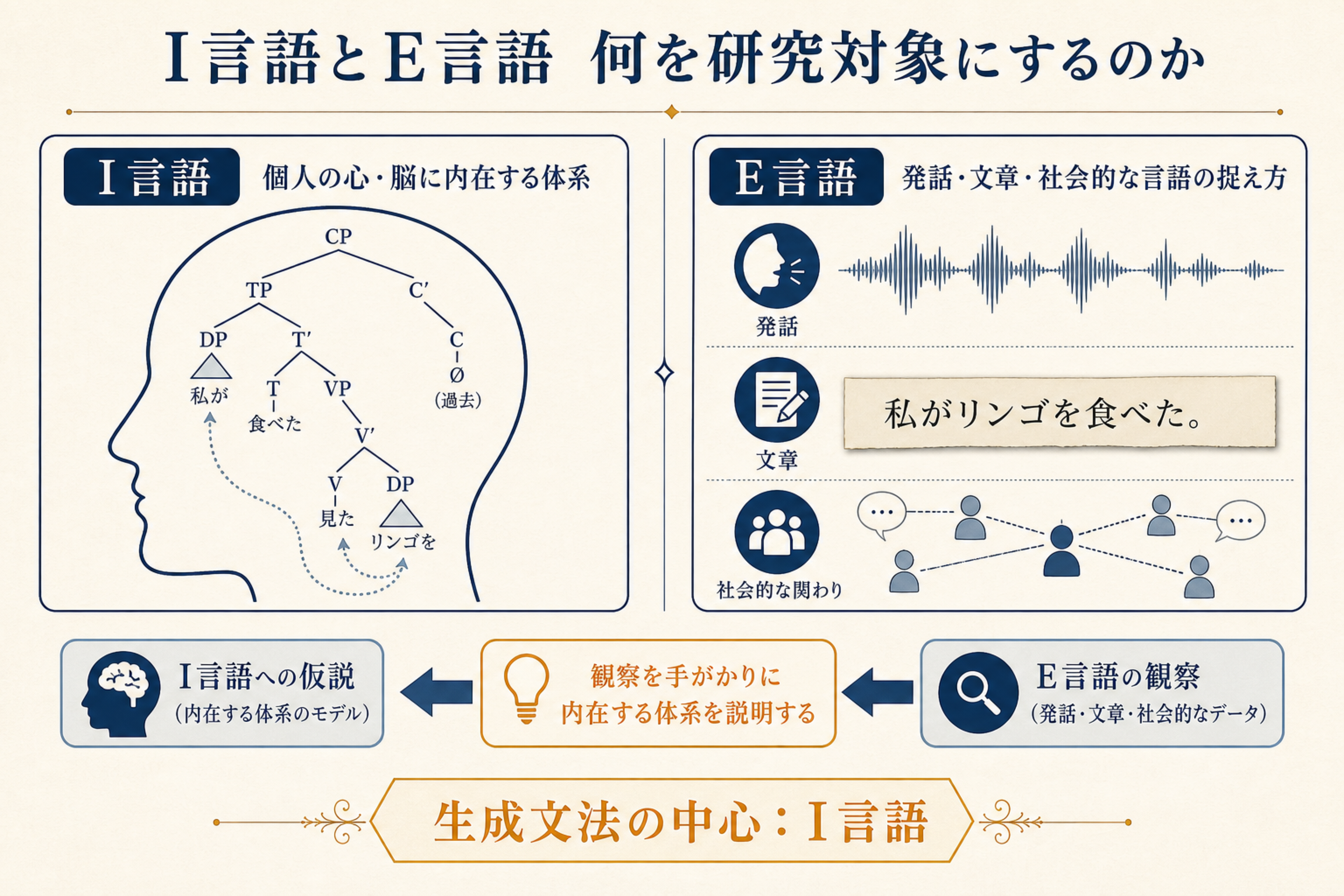 I言語を個人に内在する体系、E言語を発話・文章・社会的な言語の捉え方として比較し、観察から内在する体系を説明する流れを示す図
