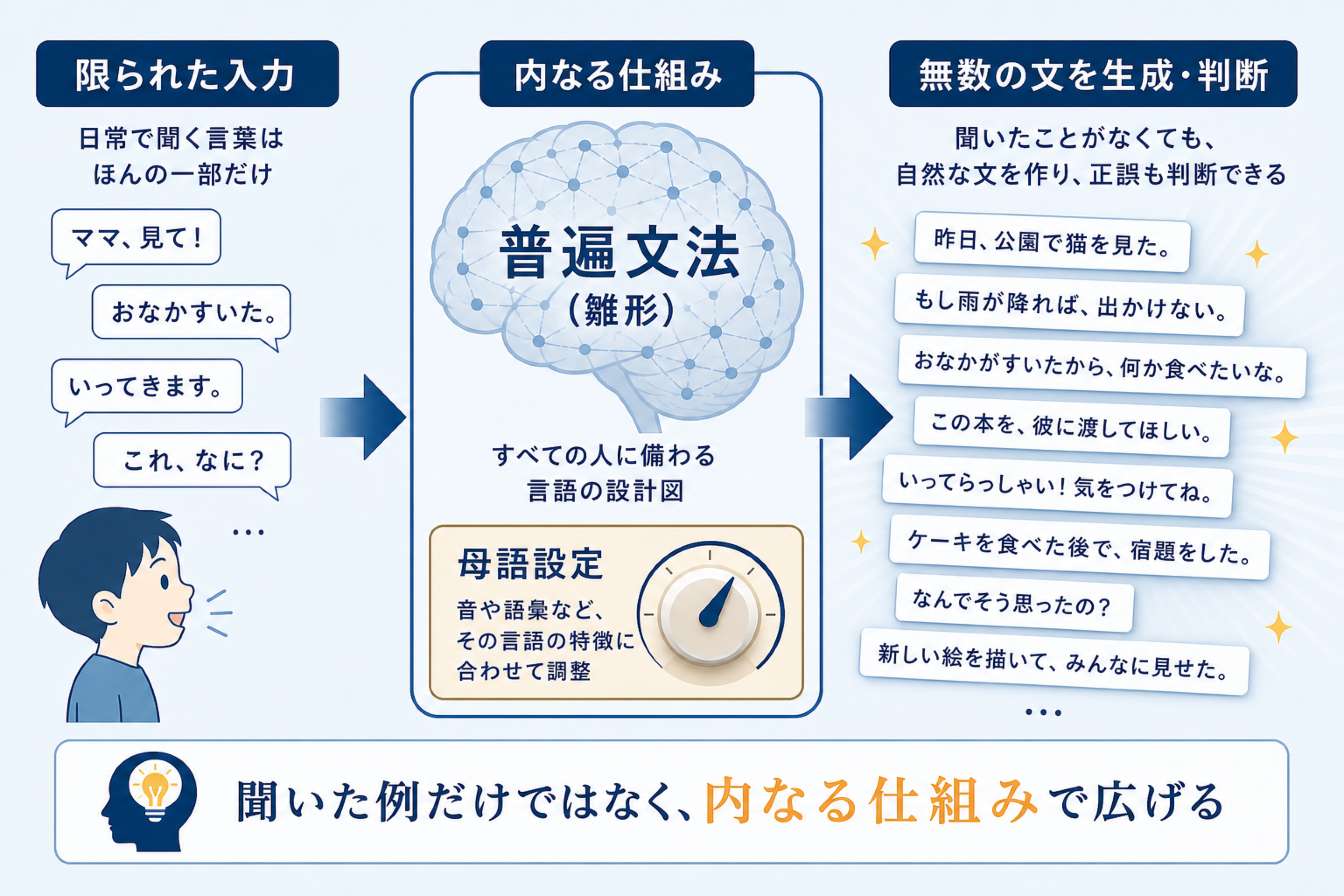 限られた入力から豊かな文法を獲得することを示す図