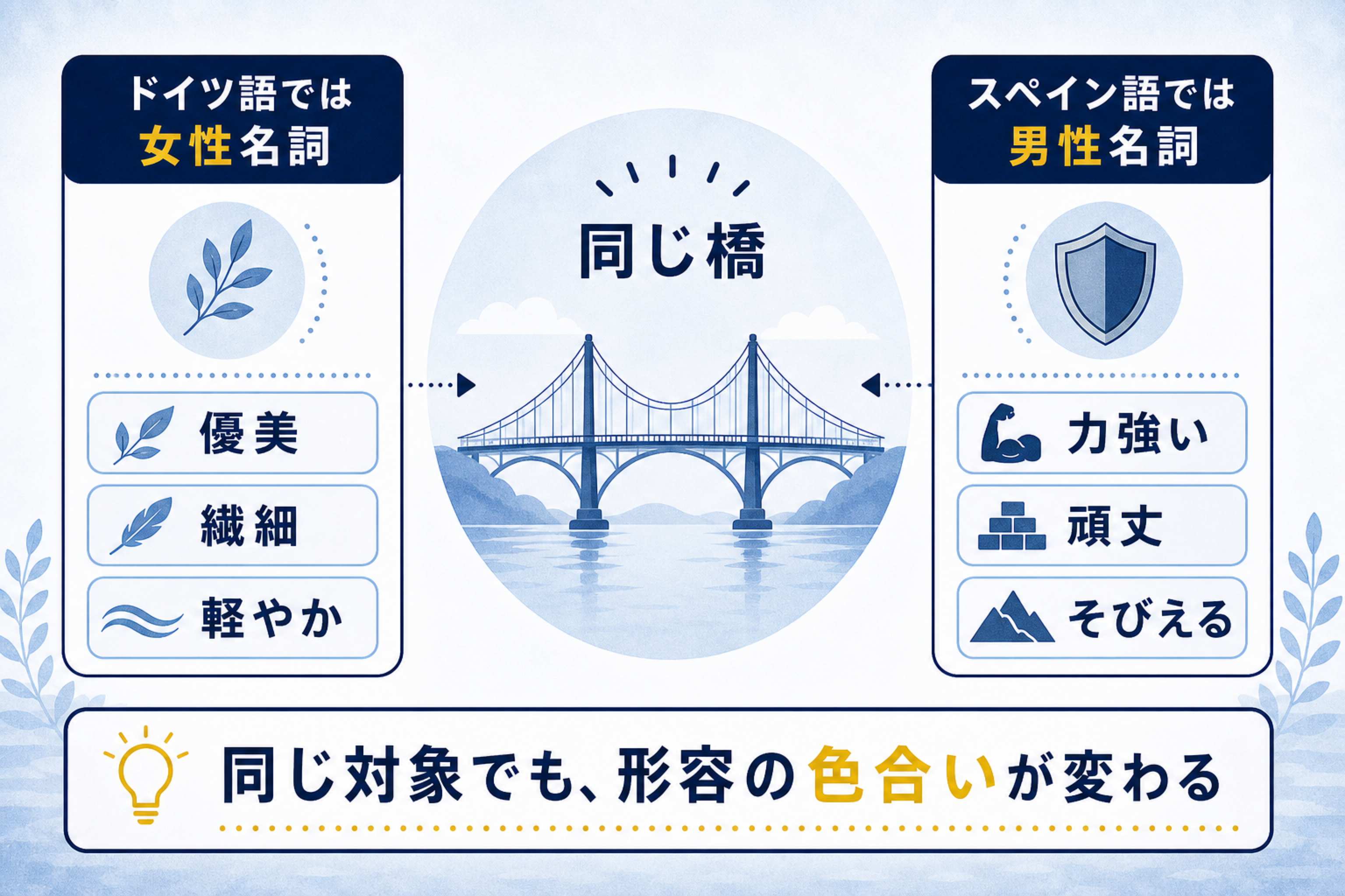 名詞の「性」でモノの印象が変わる？の本文図解。橋の形容語対比を説明する画像