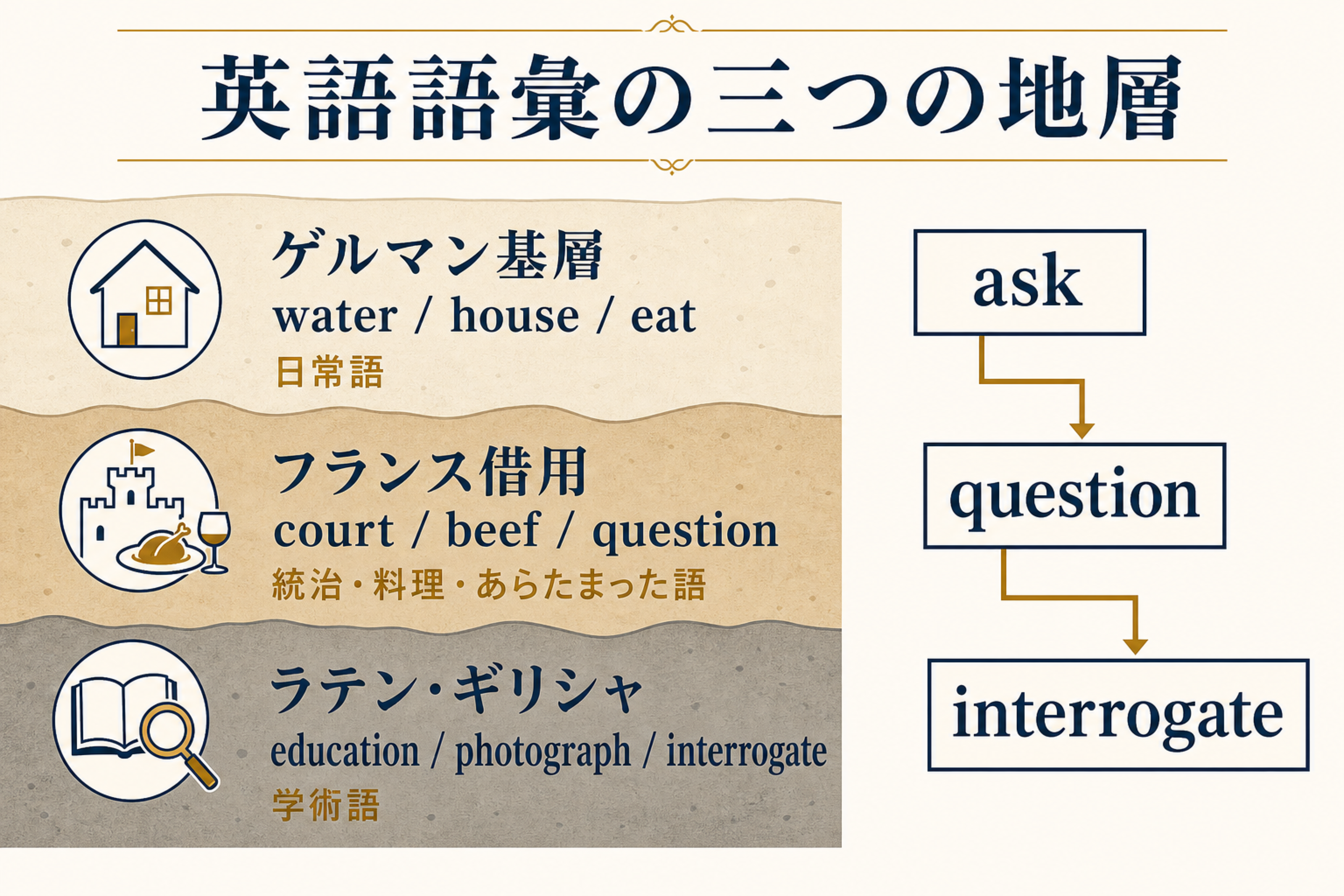 英語語彙をゲルマン基層・フランス借用・ラテンギリシャ学術語の三つの地層として示し、ask question interrogateを対応させた図