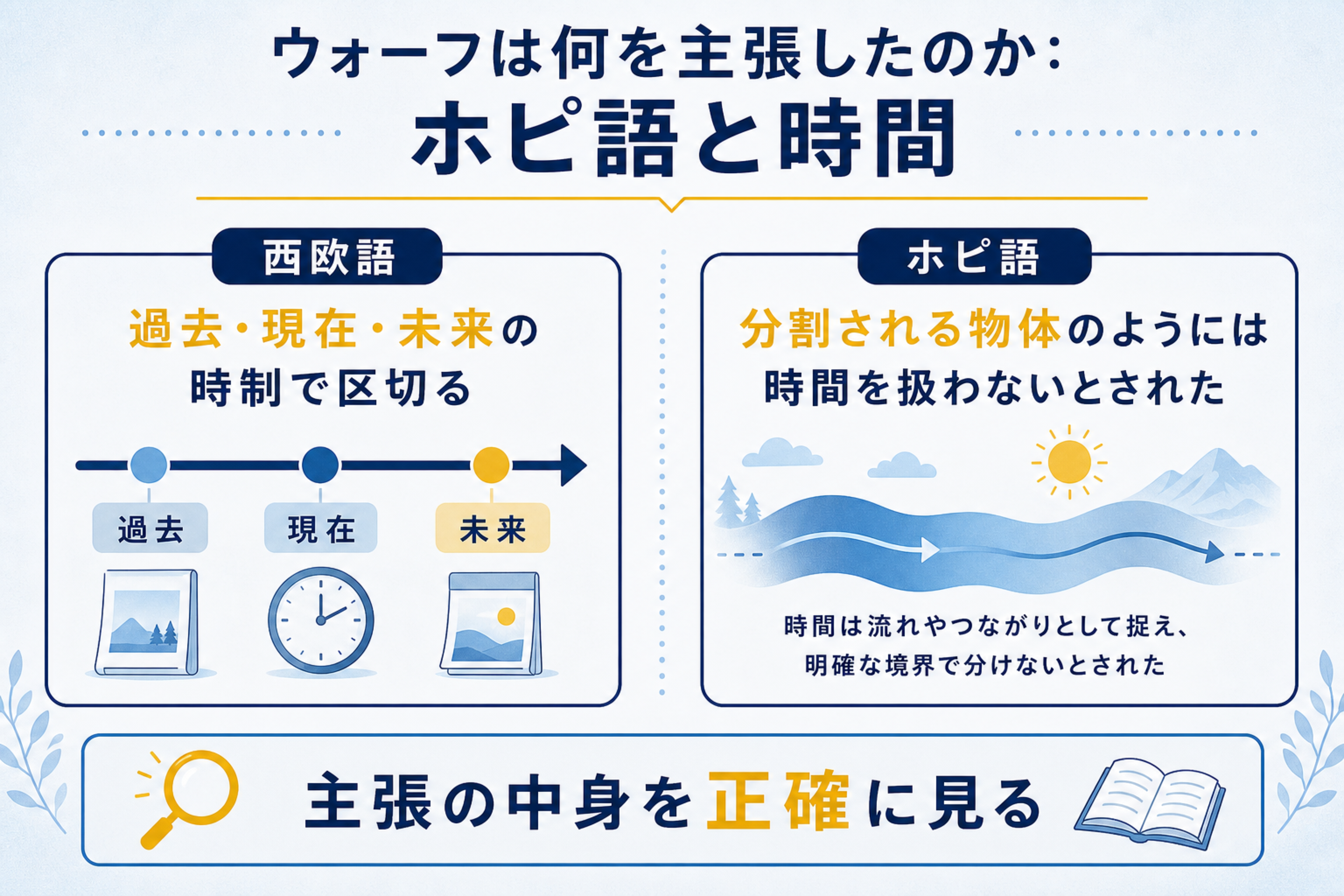 「時間の概念がない言語」ホピ語の真相の本文図解。ウォーフの主張整理を説明する画像