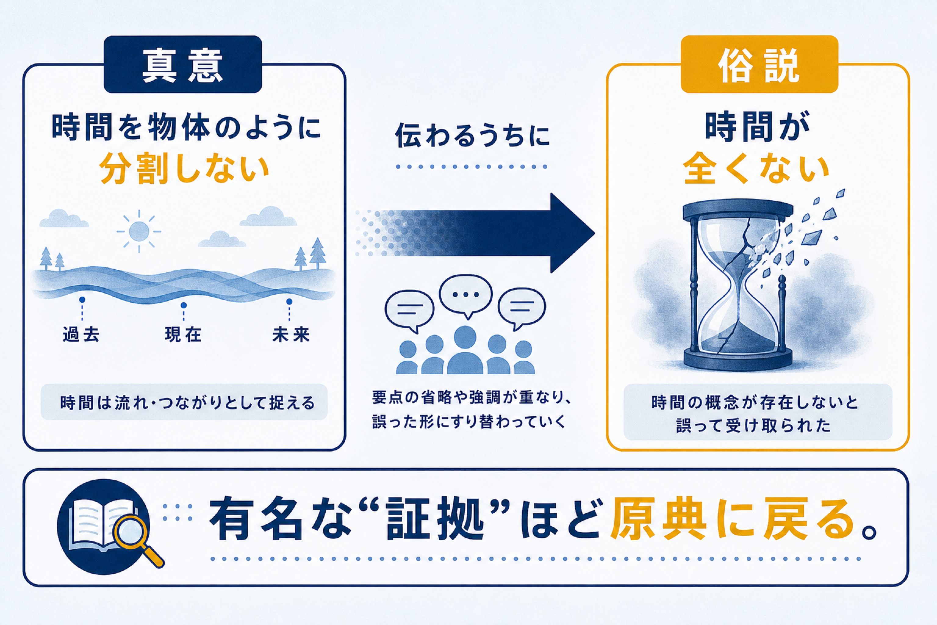 「時間の概念がない言語」ホピ語の真相の本文図解。通俗化による歪みを説明する画像